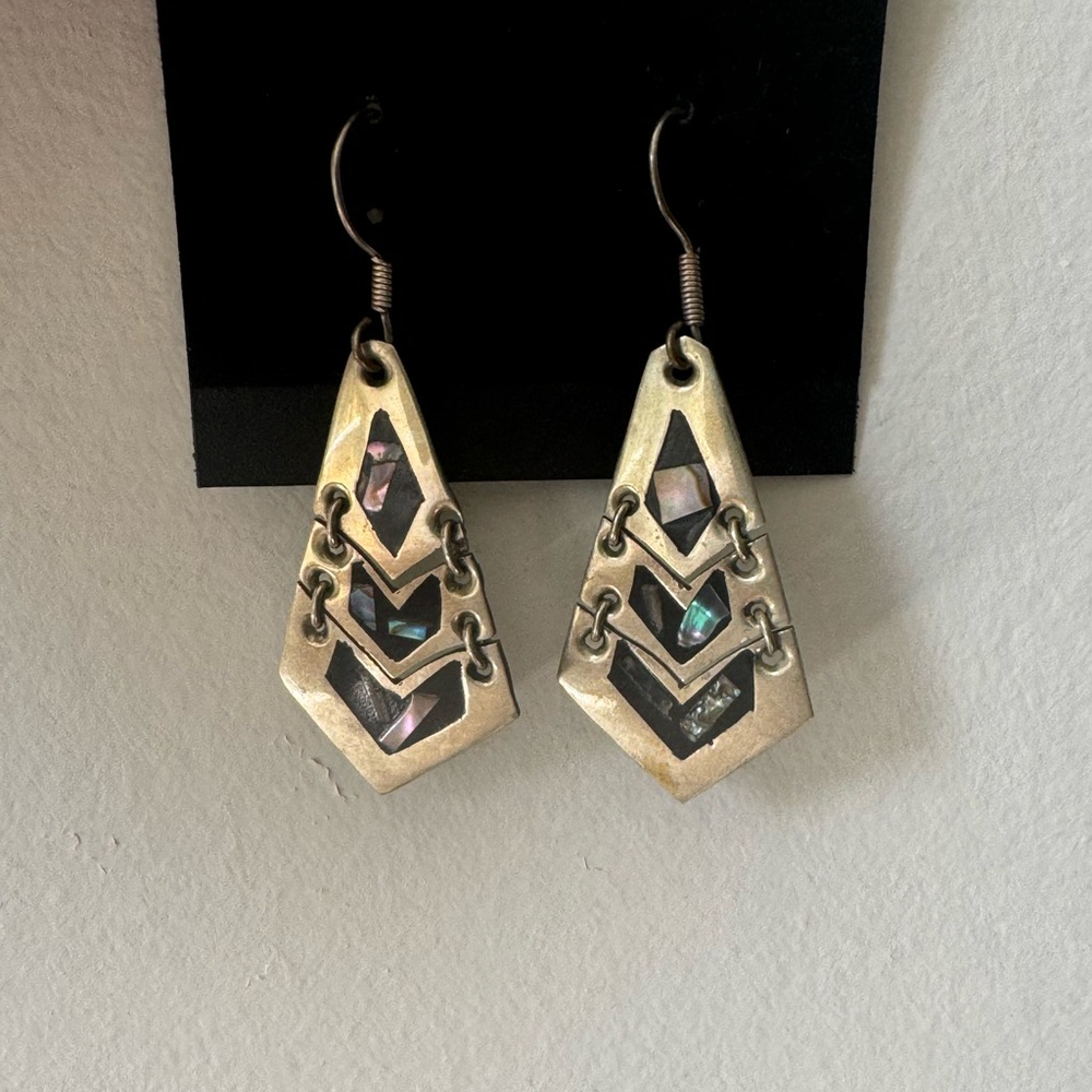 Abalone Shell Silver Dangly Triangle Earrings - image 3